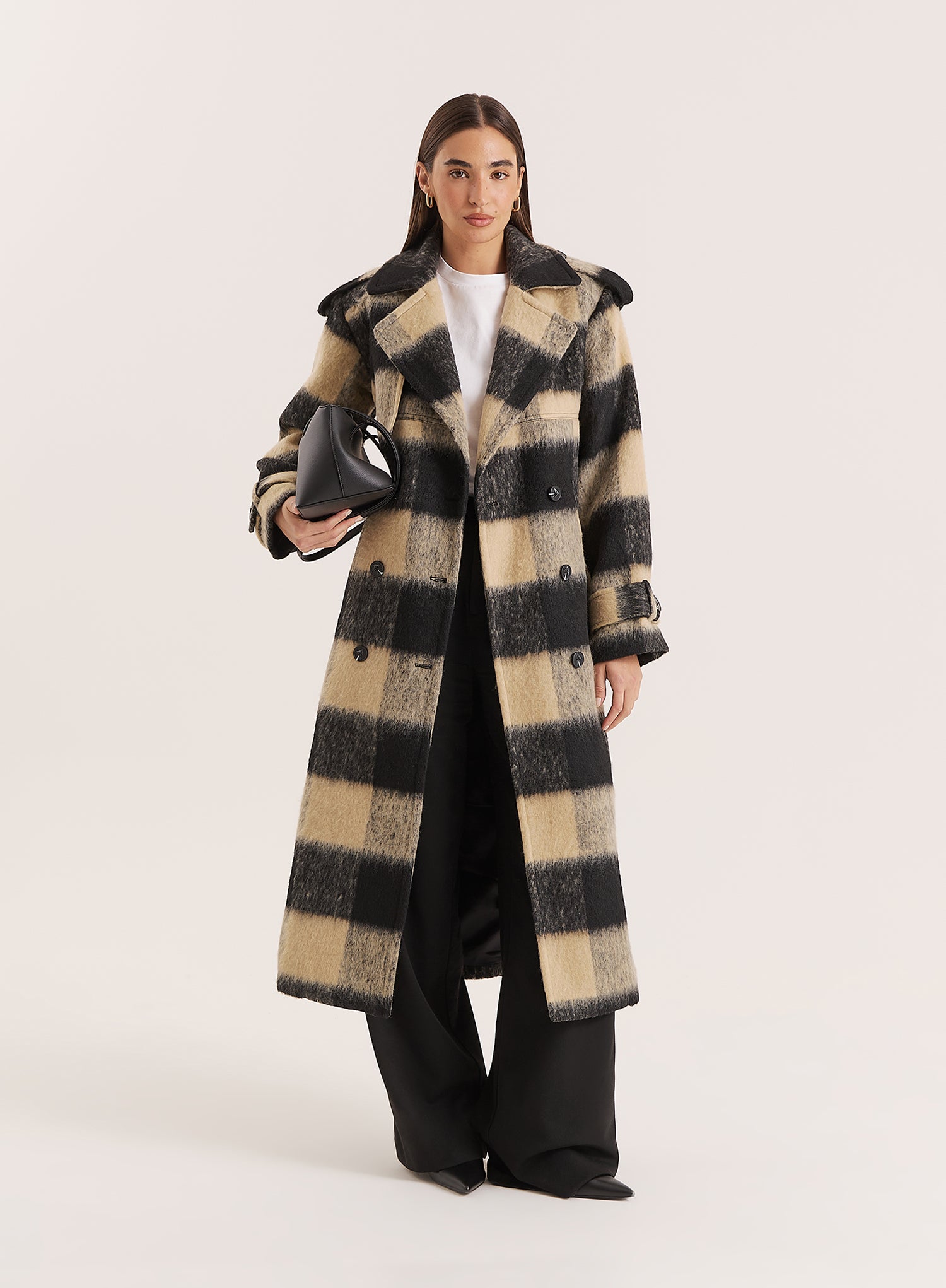 Black And Beige Wide-Checked Belted Trench Coat